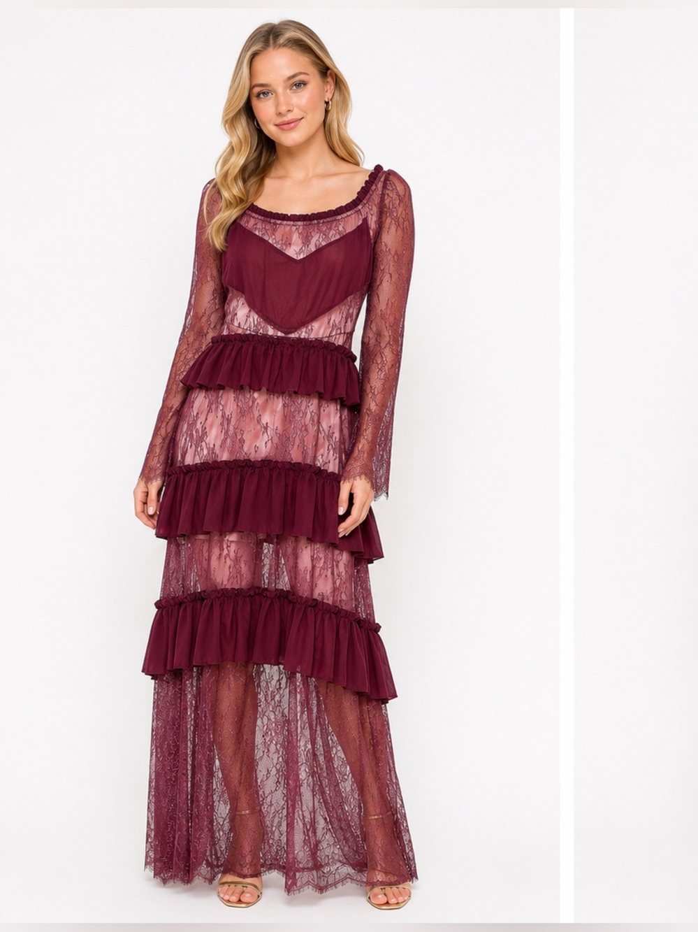 L'ATISTE Burgundy Lace Tiered Ruffle Maxi Dress